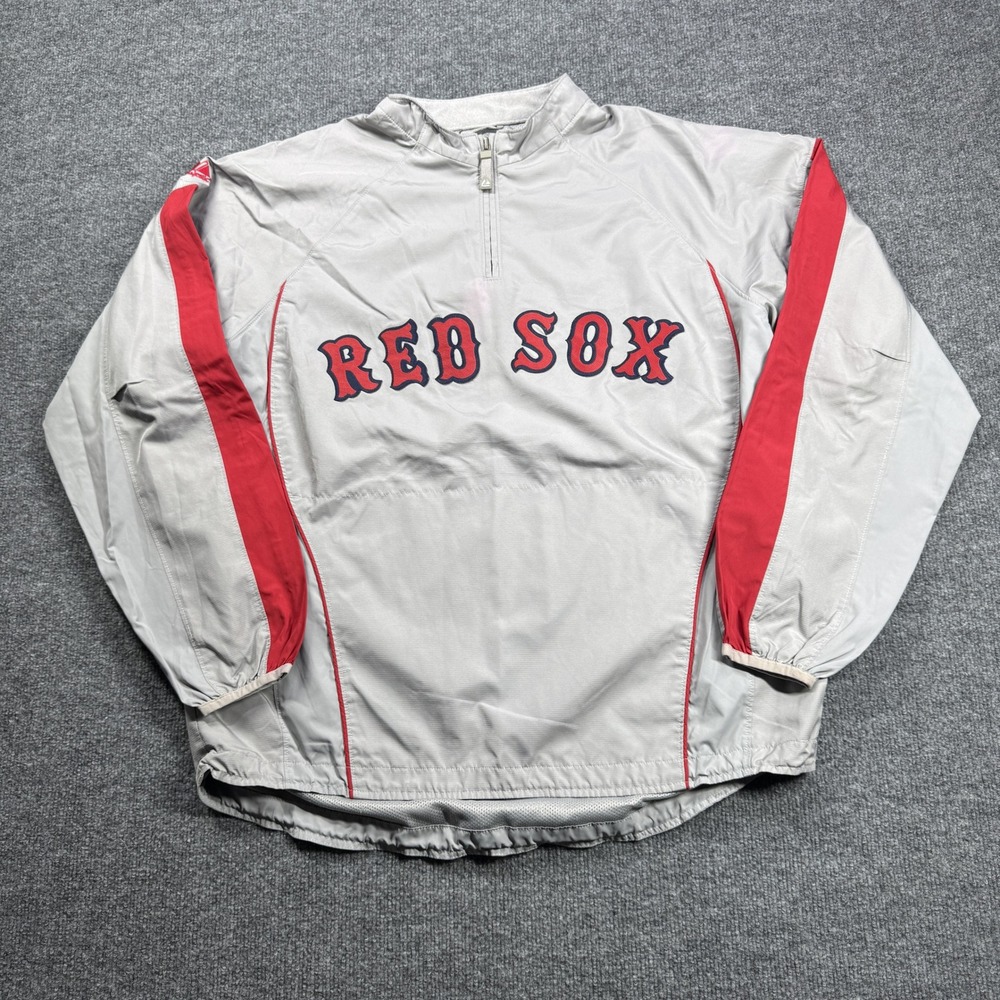 Red Sox Majestic Pullover Windbreaker Mens M Gray Red Quarter Zip MLB Baseball